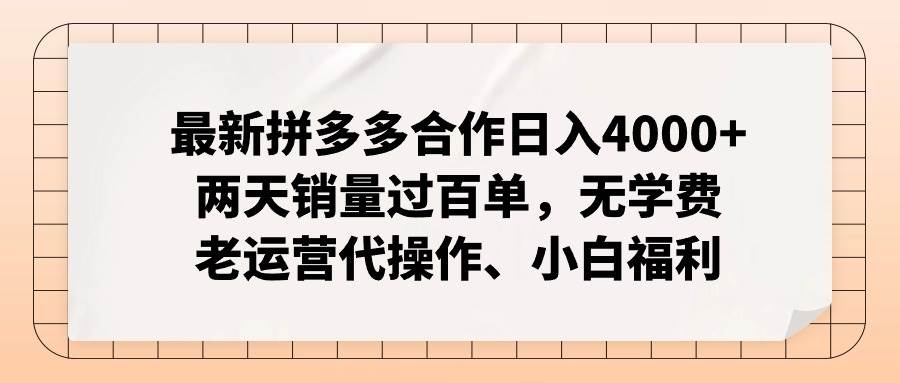 最新拼多多合作日入4000+两天销量过百单，无学费、老运营代操作、小白福利-万利网