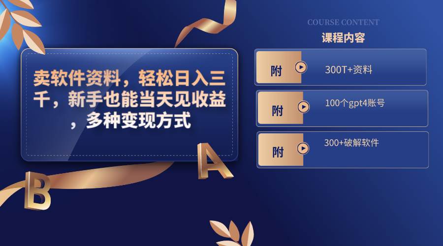 卖软件资料，轻松日入三千，新手也能当天见收益，多种变现方式，（附300T+资料，100个gpt4账号，300+破解软件）-万利网