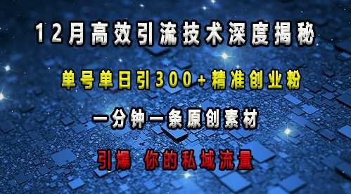 最新高效引流技术深度揭秘 ，单号单日引300+精准创业粉，一分钟一条原创素材，引爆你的私域流量-万利网