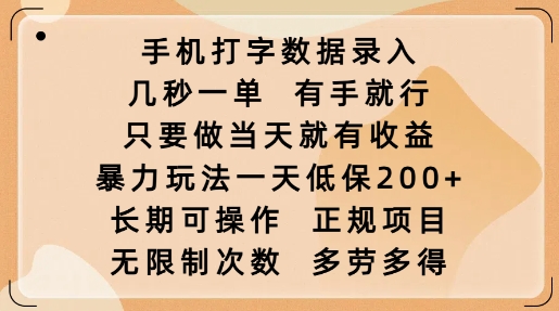 手机打字数据录入，几秒一单，有手就行，只要做当天就有收益，暴力玩法一天低保2张-万利网