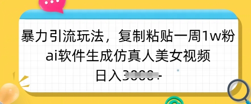 暴力引流玩法，复制粘贴一周1w粉，ai软件生成仿真人美女视频，日入多张-万利网