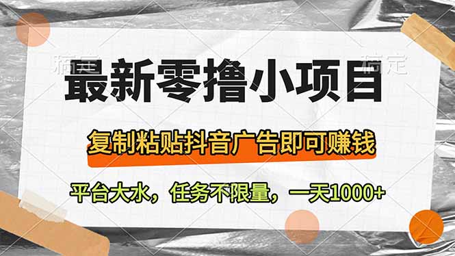 最新零撸小项目，复制粘贴抖音广告即可赚钱，平台大水，任务不限量，一…-万利网